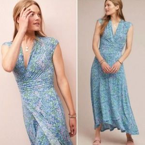 Maeve by Anthropologie Bristol Blue Green Floral Wrap Maxi Dress Size M Medium